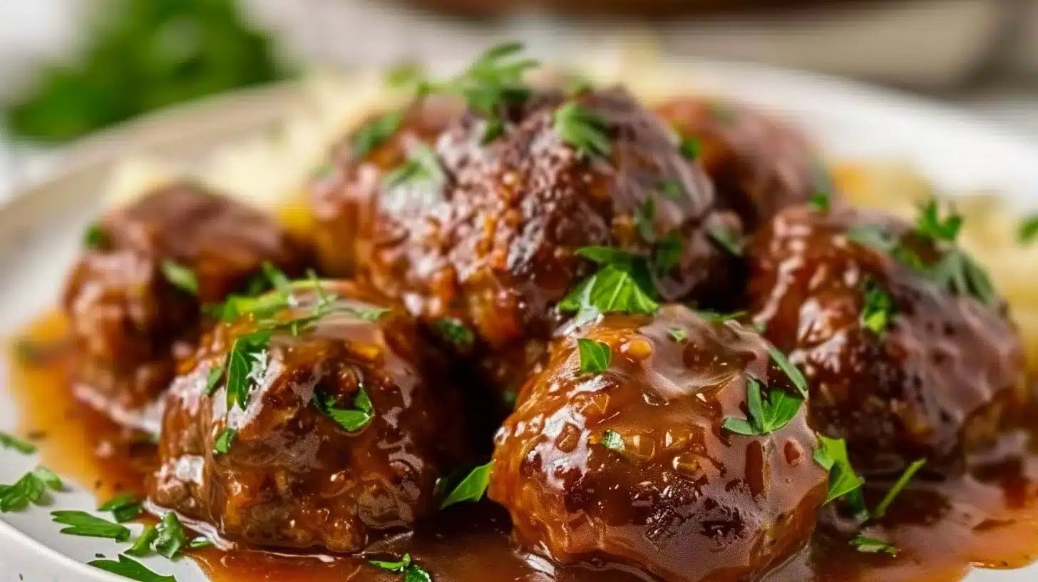 Slow cooker Salisbury steak meatballs served on a plate with gravy and mashed potatoes