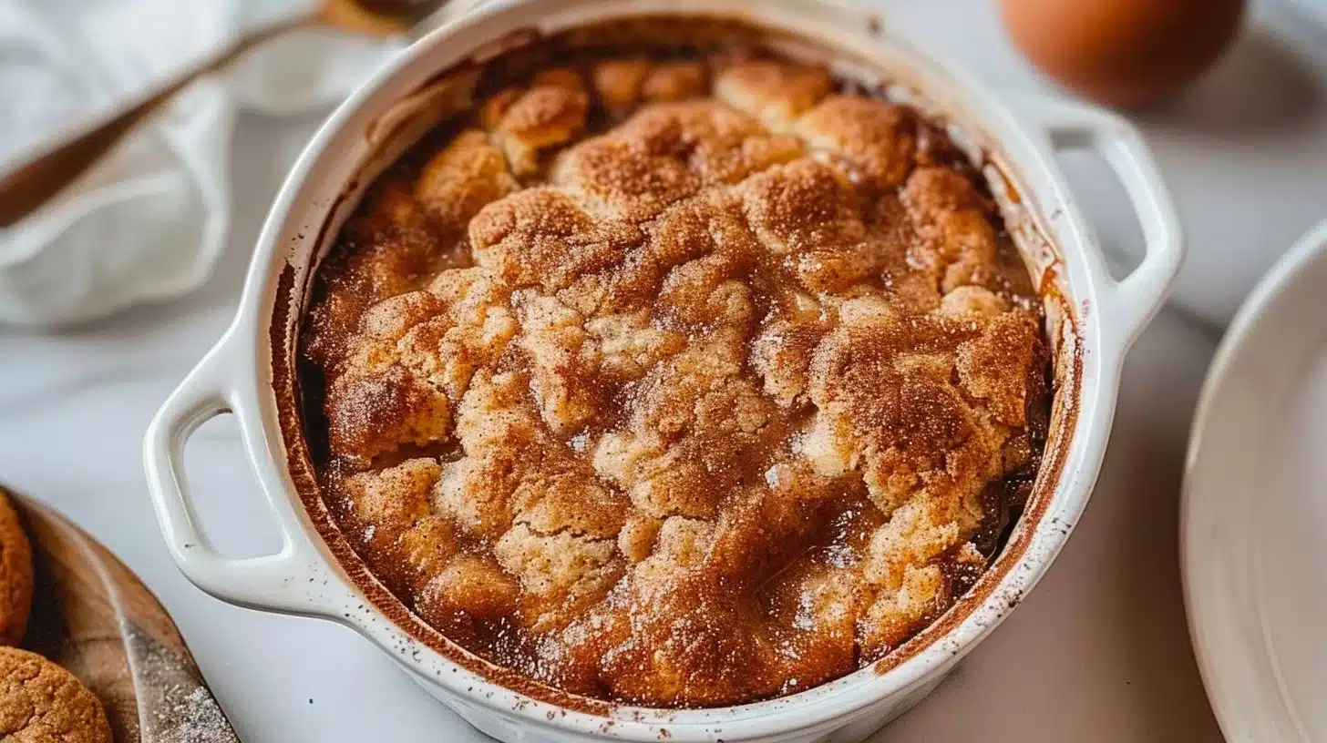 Freshly baked Snickerdoodle Cobbler with cinnamon and sugar topping