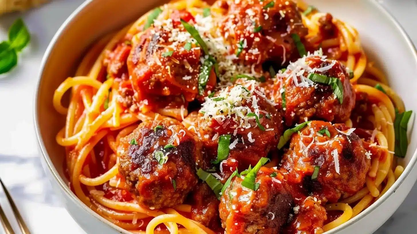 Delicious plate of spaghetti and meatballs with marinara sauce and fresh parsley