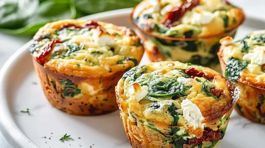 Savory Spinach Feta Muffins with sun-dried tomatoes on a rustic counter