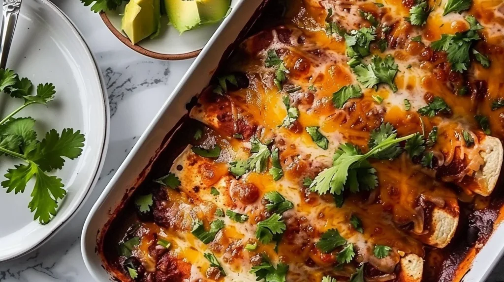Plate of sweet potato black bean enchiladas topped with avocado and salsa