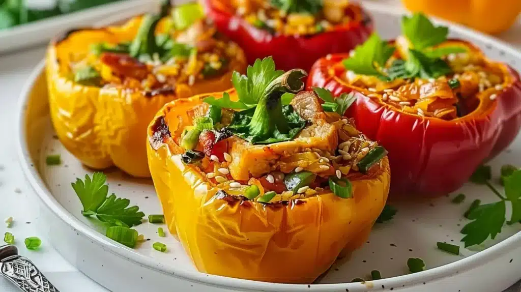 Teriyaki chicken stuffed bell peppers filled with colorful ingredients