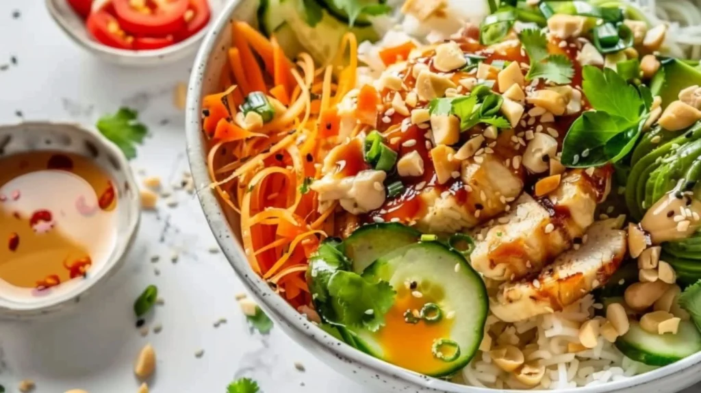 Thai-inspired Buddha Bowl with colorful vegetables and grains