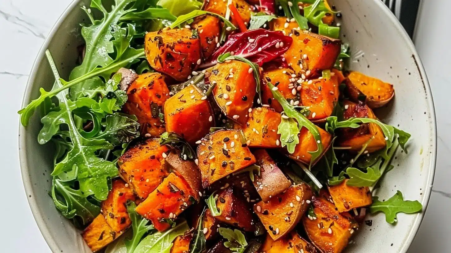 Juicy roasted sweet potato salad bowl with fresh ingredients and vibrant colors