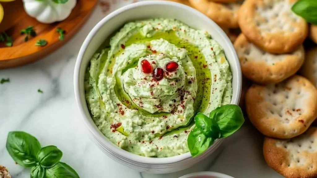 Delicious green dip in a bowl on a festive party spread