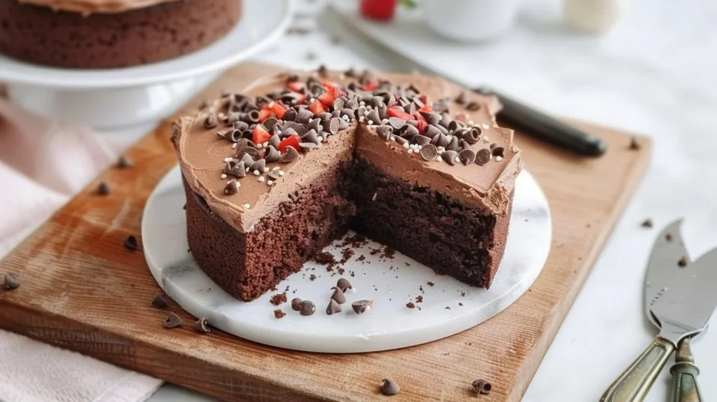 Deliciously rich and moist chocolate cake topped with chocolate frosting
