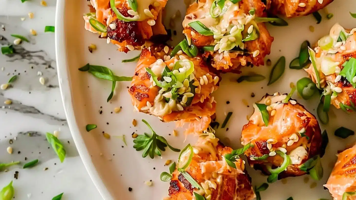 Delicious Tik Tok salmon bites served on a plate with fresh herbs.