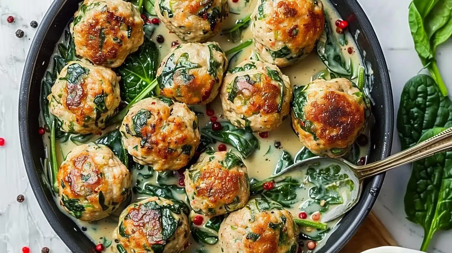 Delicious Turkey Spinach Meatballs on a plate garnished with fresh herbs