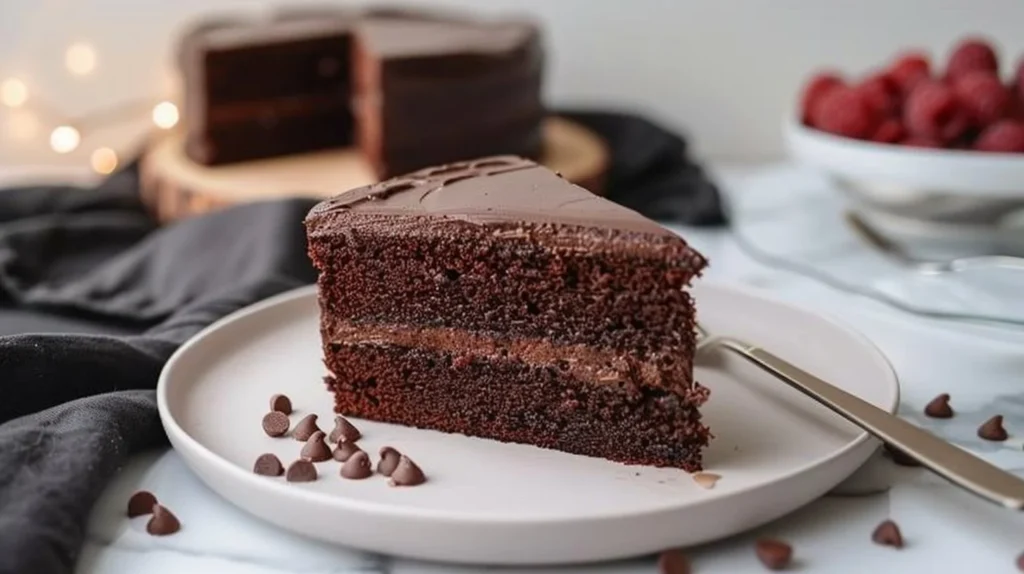 Ultimate Moist Chocolate Cake topped with chocolate frosting and sprinkles.