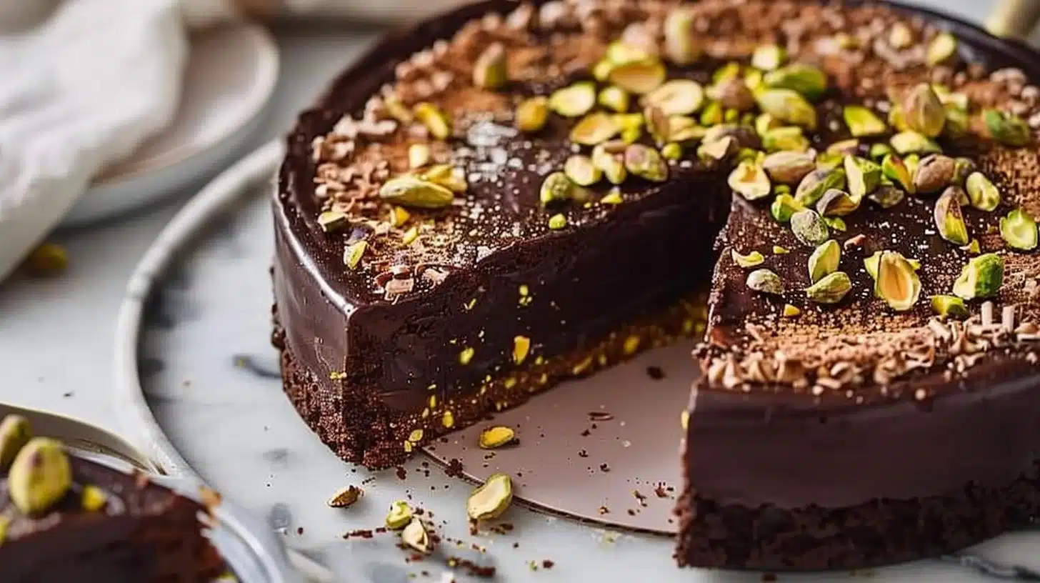 Vegan Dark Chocolate Pistachio Cake topped with chopped pistachios on a white plate