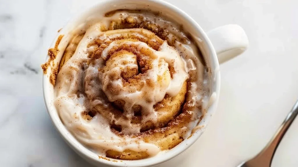 Vegan gluten-free cinnamon roll mug cake in a ceramic mug with icing