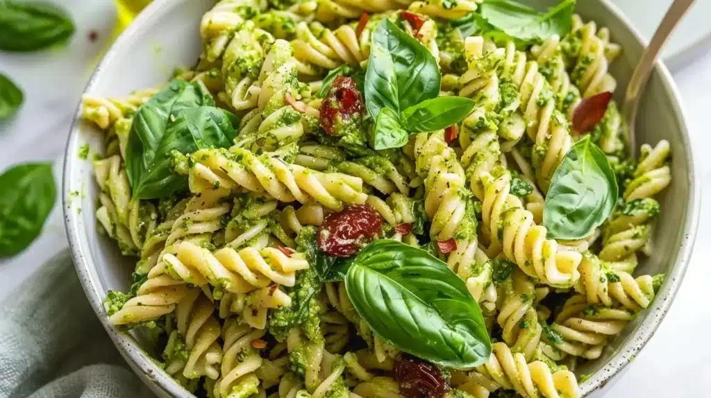 Bowl of delicious Vegan Pesto Pasta garnished with basil and pine nuts