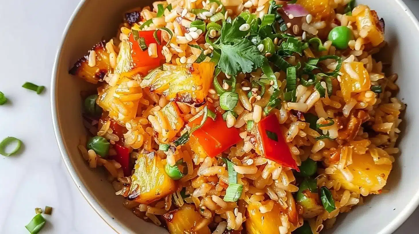 Vegan pineapple fried rice served in a bowl, garnished with fresh herbs