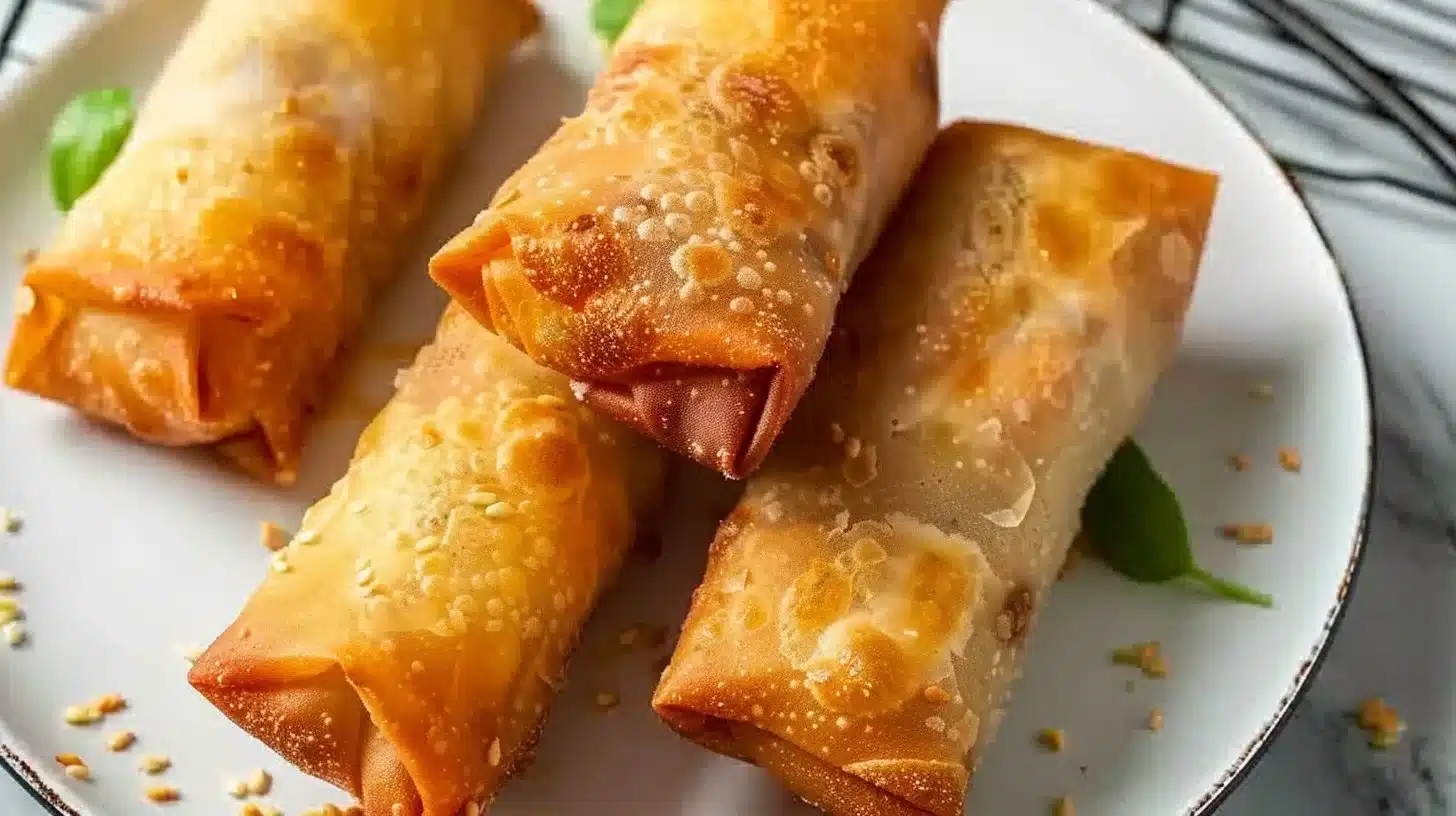 Plate of crispy vegetable egg rolls filled with colorful vegetables