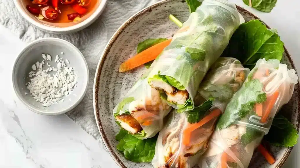 Fresh Vietnamese chicken spring rolls with vibrant vegetables and herbs