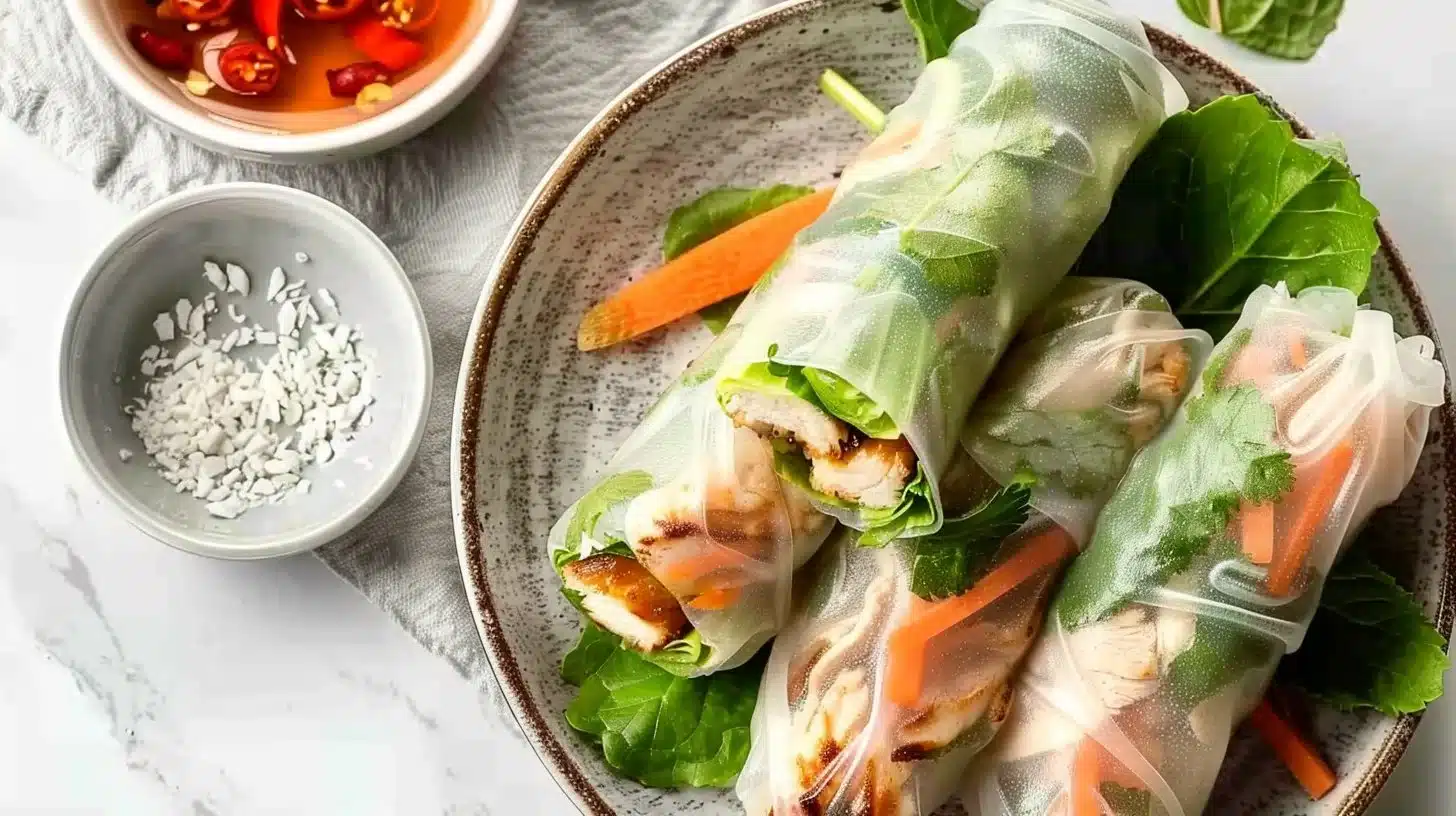 Fresh Vietnamese chicken spring rolls with vibrant vegetables and herbs
