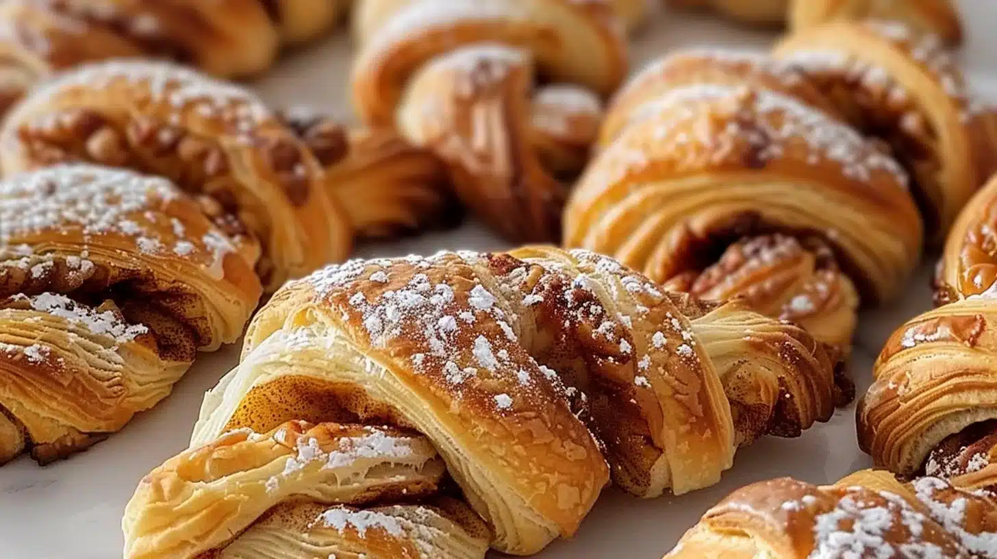 Freshly baked warm cinnamon crescent twists on a wooden serving tray