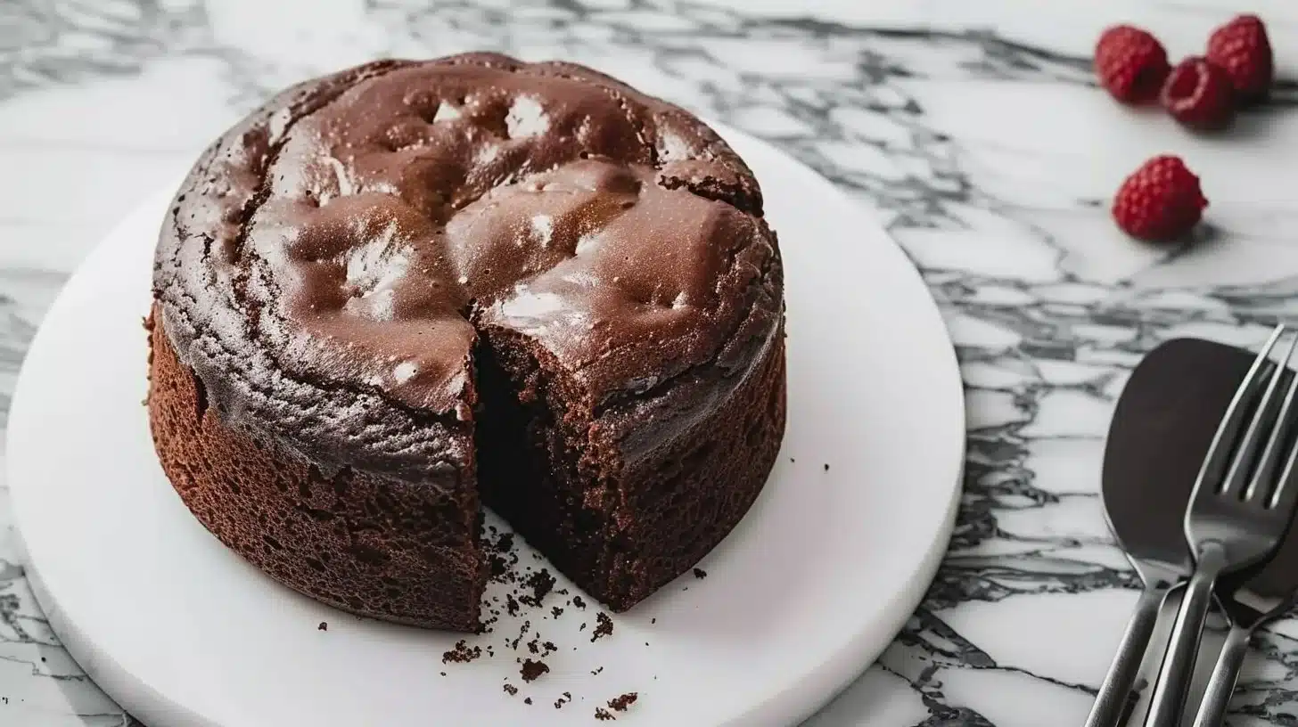Warm Hug Chocolate Cake topped with chocolate ganache and berries.