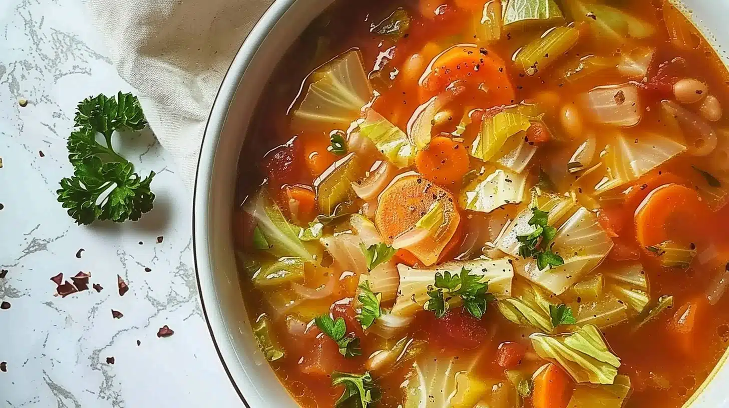 Healthy weight loss cabbage soup with fresh vegetables and herbs