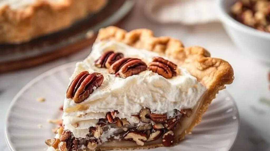 Delicious whipped pecan pie served in a rustic pie dish