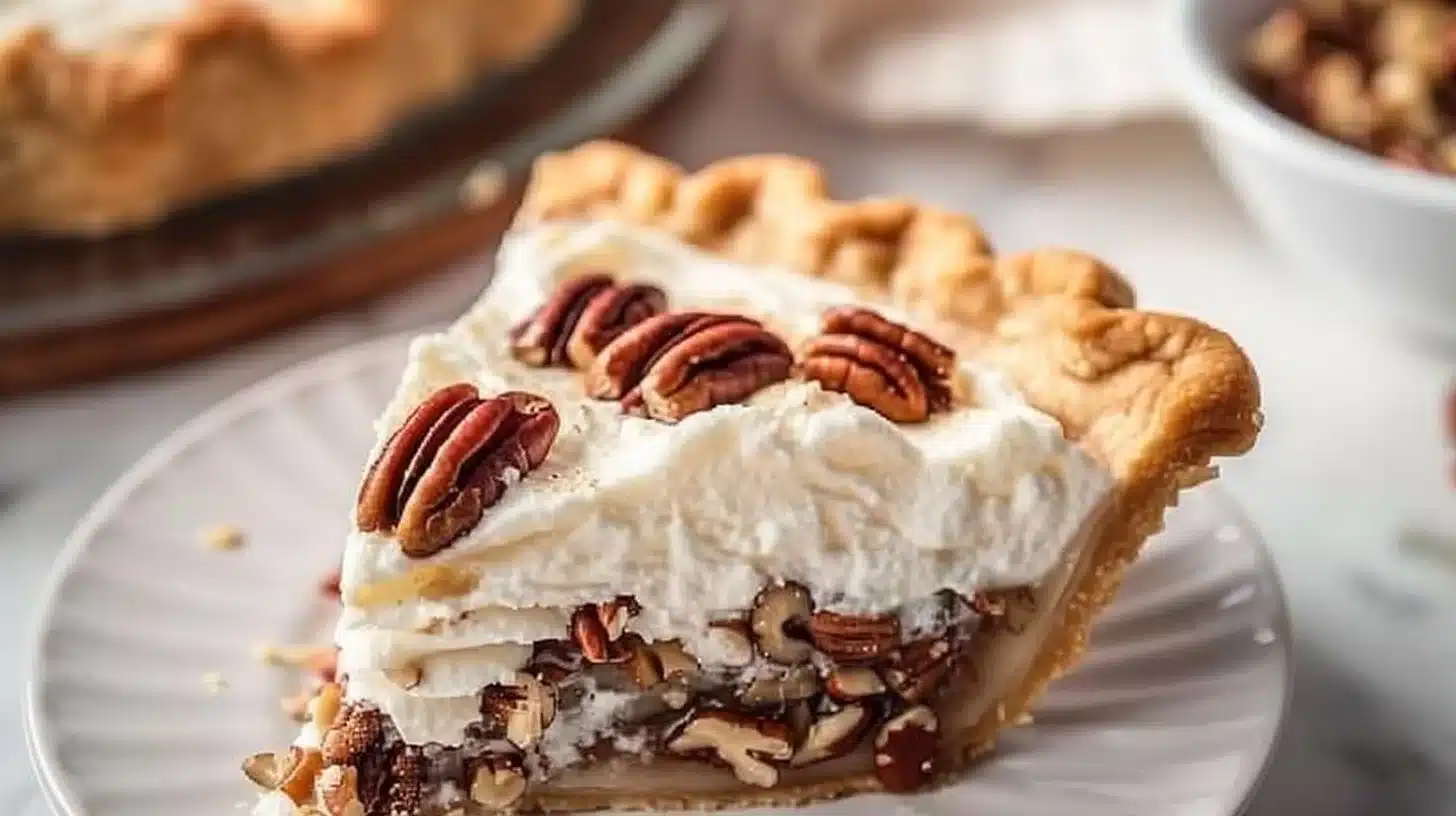 Delicious whipped pecan pie served in a rustic pie dish