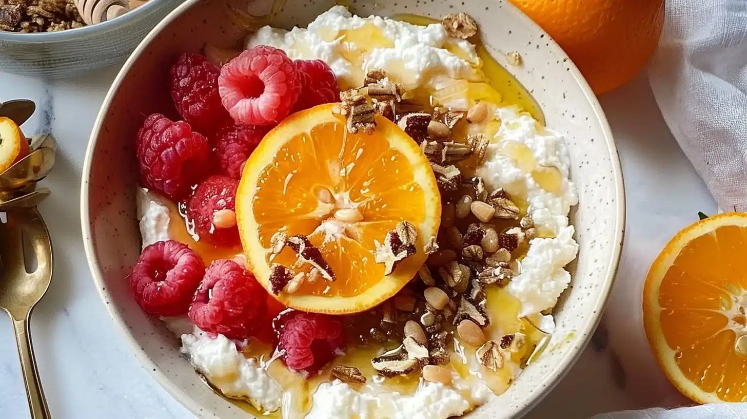 Winter Citrus Ricotta Breakfast Bowl topped with honeycomb and citrus fruits